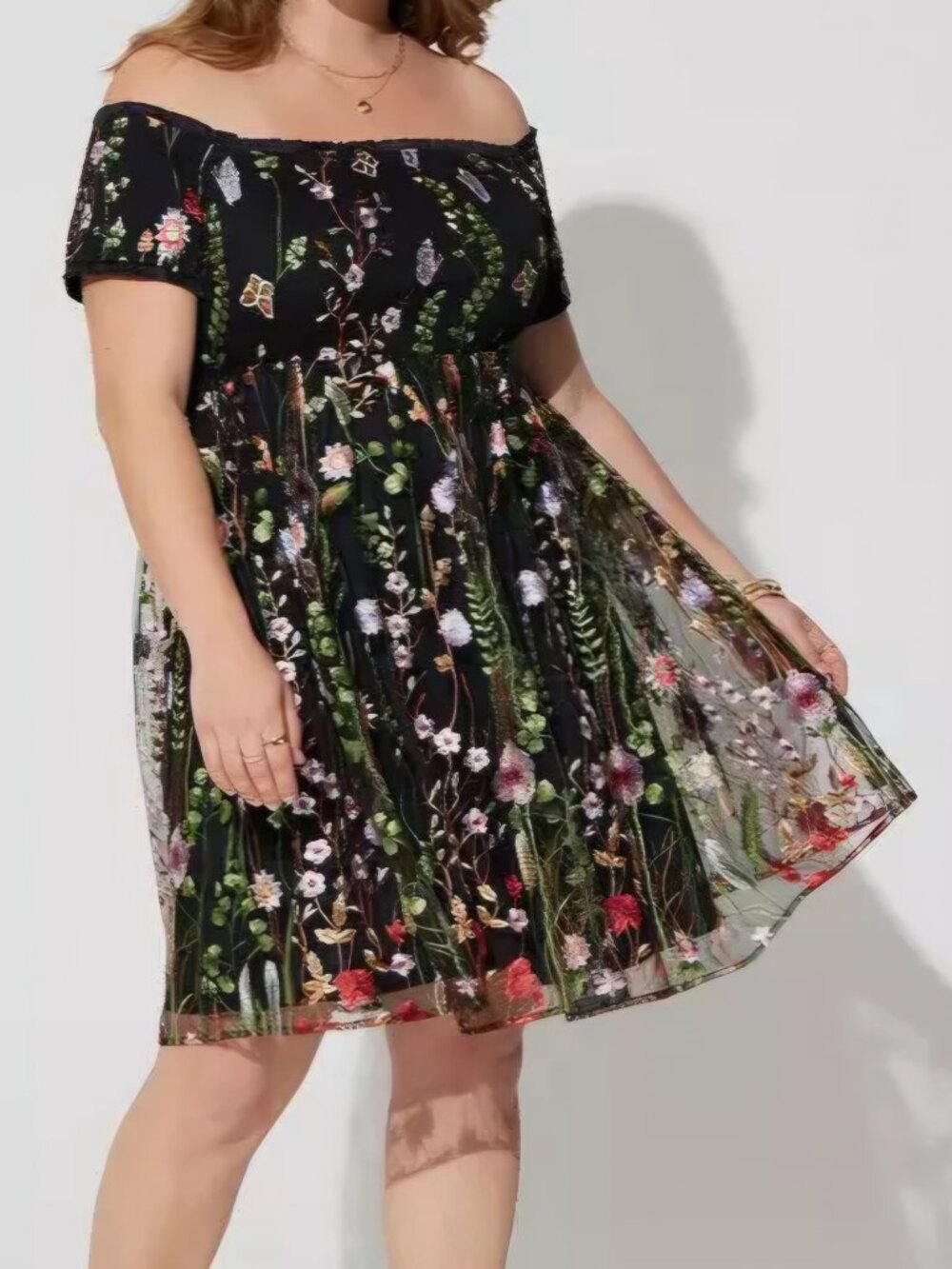 Torrid 1 1X 14-16 Black Embroidered Floral Lined Mesh Skater Dress Off Shoulder